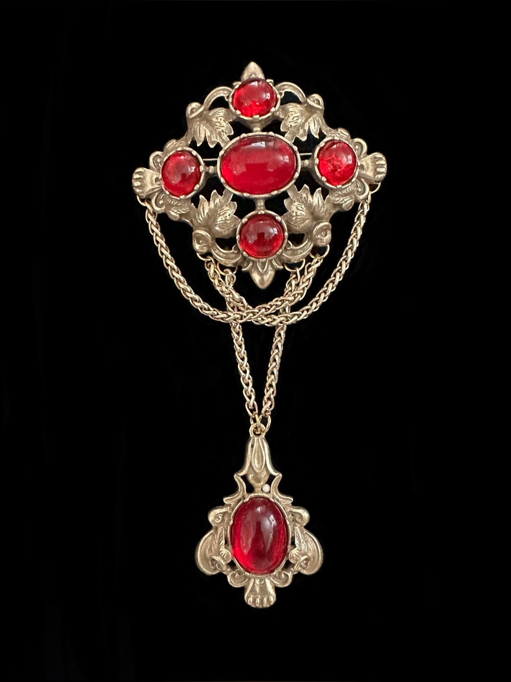 Red Glass Cabochon Drop Brooch Necklace - Women Jewelry